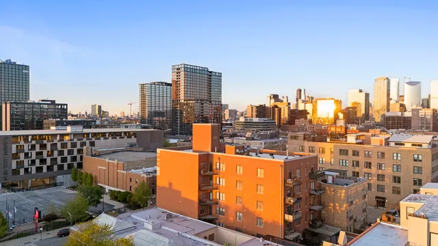 a city view with tall buildings