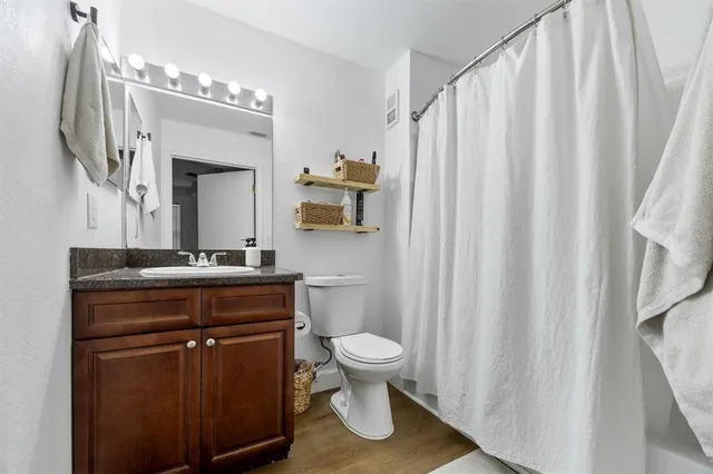 a bathroom with a sink a toilet and shower curtain