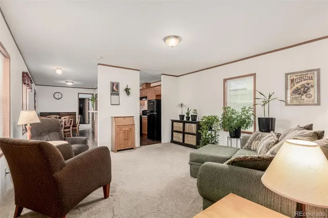 a living room with furniture white walls and kitchen view
