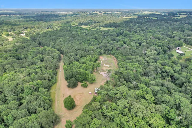an aerial view of a houses with a forest