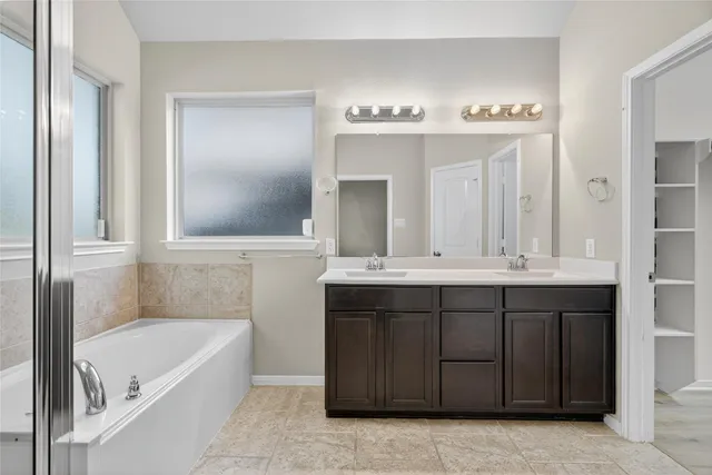 a bathroom with a tub a double vanity sink and a mirror