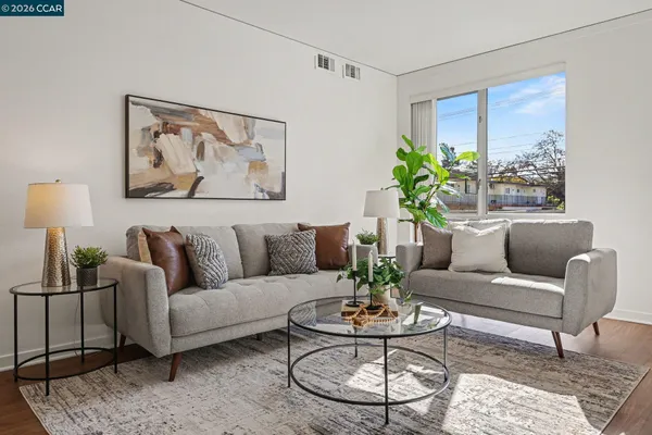 a living room with furniture potted plant and a window