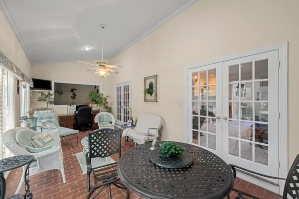 a living room with furniture and a potted plant