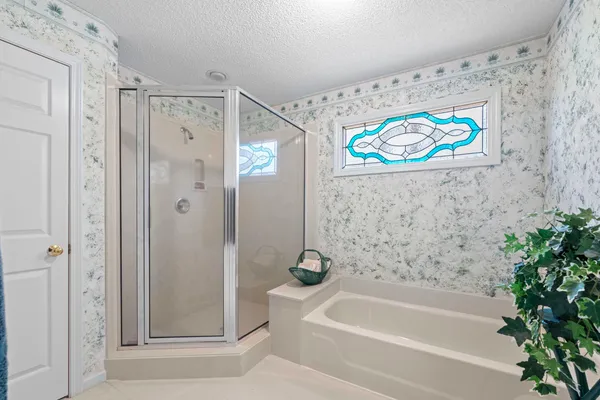 a bathroom with a bathtub and a shower