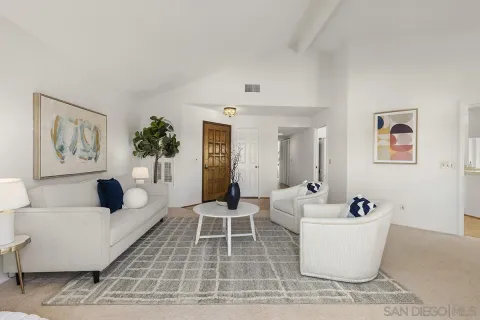 a living room with furniture and a rug