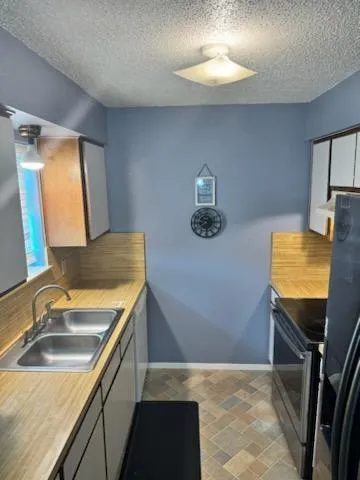 a kitchen with a sink and a stove