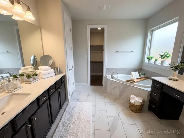a bathroom with a double vanity sink and a