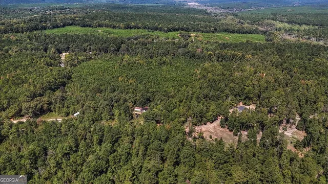 an aerial view of residential house with outdoor space and trees all around