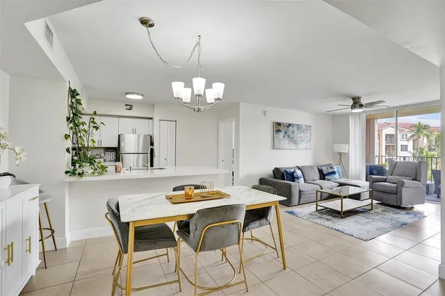 a view of a dining room with furniture wooden floor and chandelier