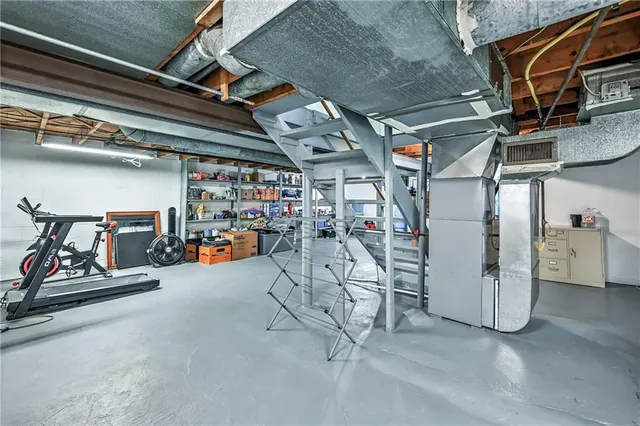 a view of a garage with storage