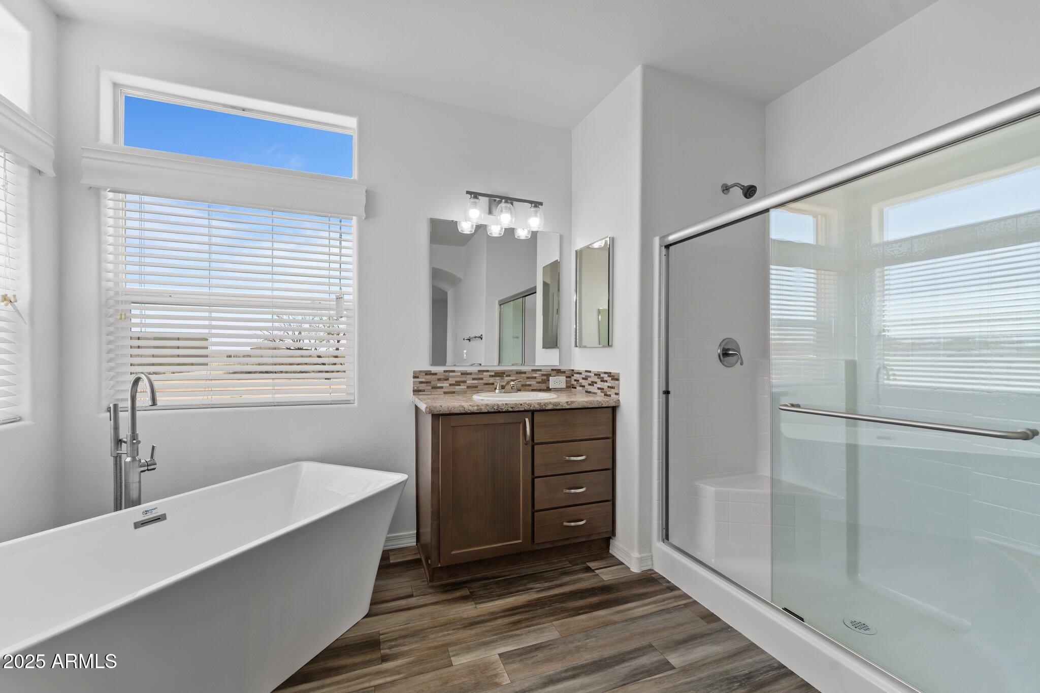 20909 West Bradley Road Wittmann, AZ 85361 - Photo 10 of 37 a bathroom with a tub a sink shower and mirror