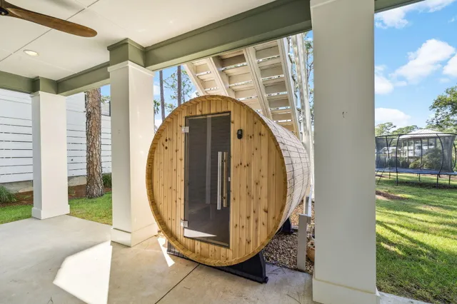 a view of a lake with sitting area
