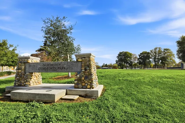 a view of a grassy field with trees in the background