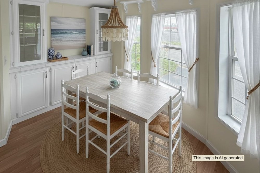 a view of a dining room with furniture window and wooden floor