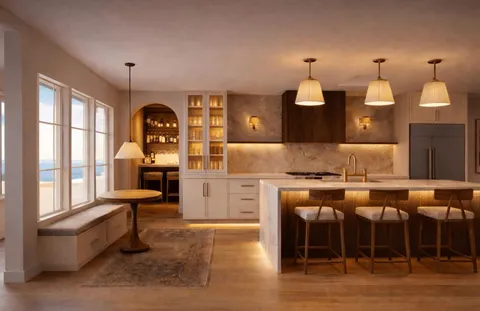 a kitchen with granite countertop a stove a sink and a dining table