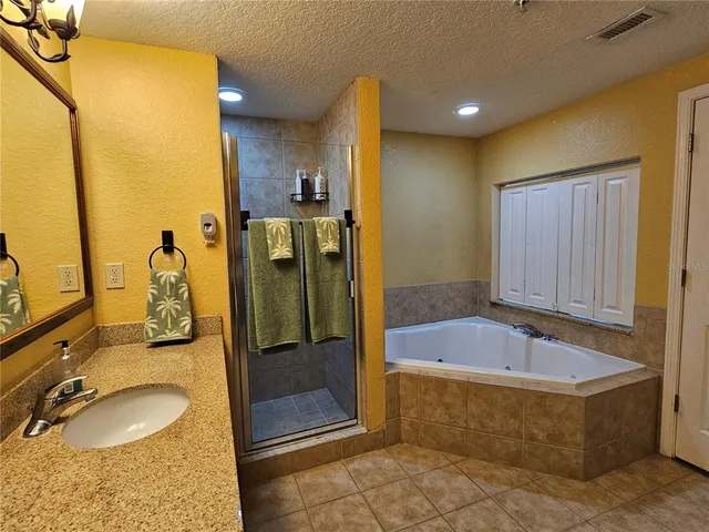 a bathroom with a tub sink and mirror