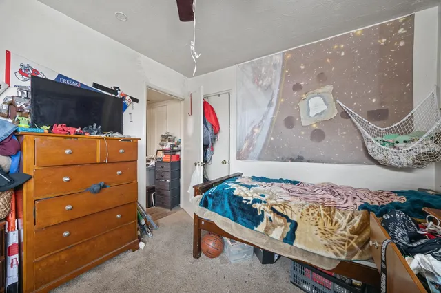 a bedroom with a bed and a flat screen tv