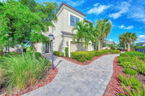 a view of a garden with a house