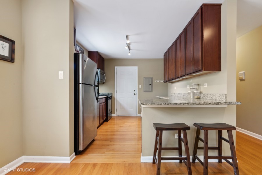 2145 Ridge Avenue, Unit 3A Evanston, IL 60201 - Photo 5 of 11 a kitchen with granite countertop wooden cabinets and refrigerator