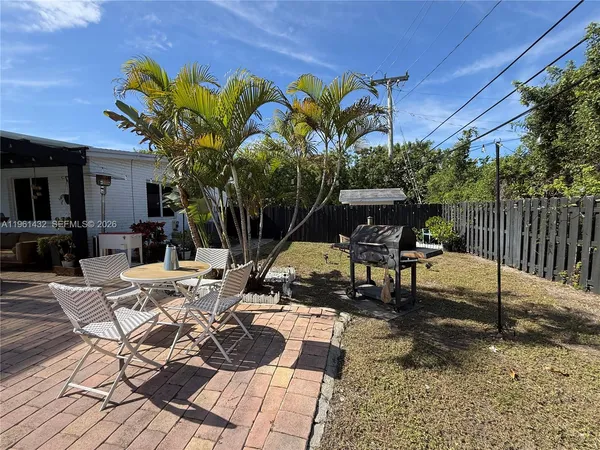 a view of a backyard with sitting area