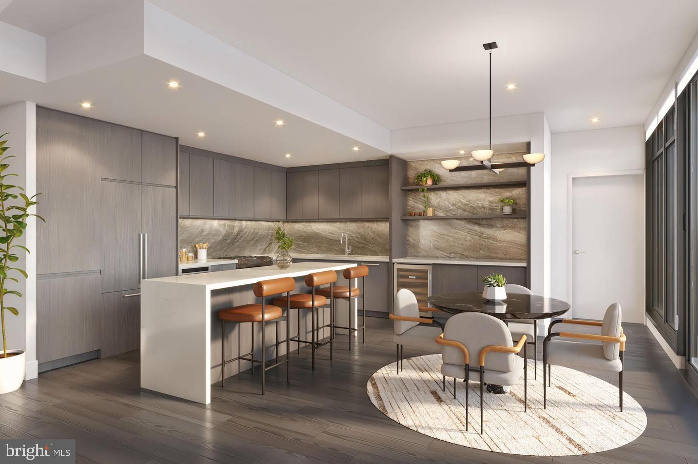 2650 Woodley Road Northwest, Unit 932/VARIES Washington, DC 20008 - Photo 29 of 35 a kitchen with stainless steel appliances kitchen island granite countertop a table chairs and a living room view
