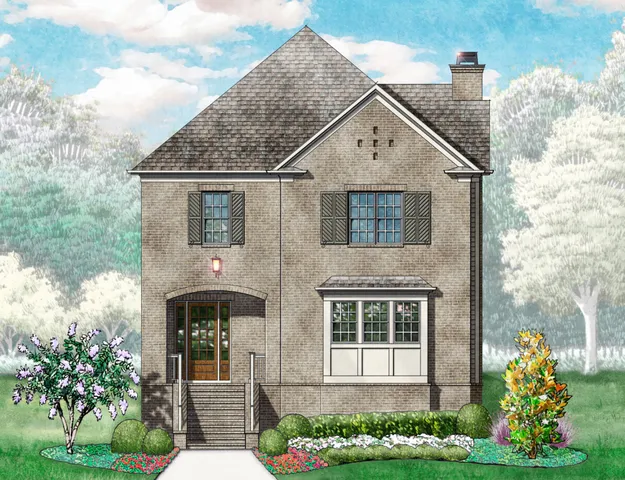 a view of a house with a yard and potted plants