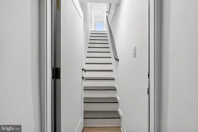a view of a staircase with wooden floor