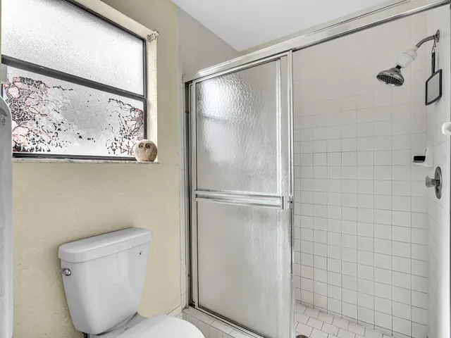 a bathroom with a shower and toilet