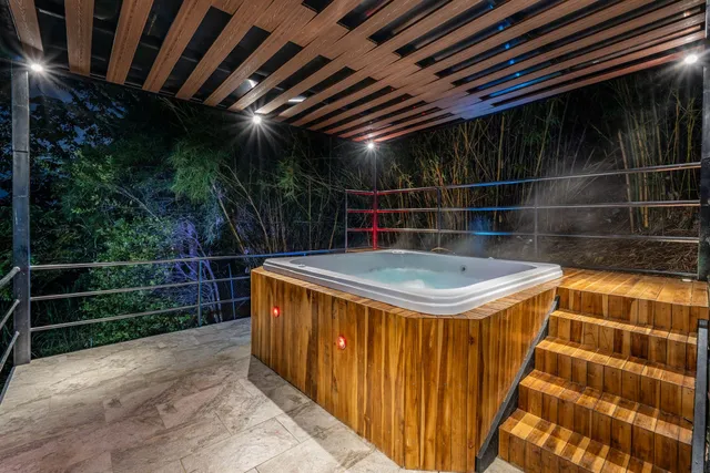 a view of a balcony with staircase