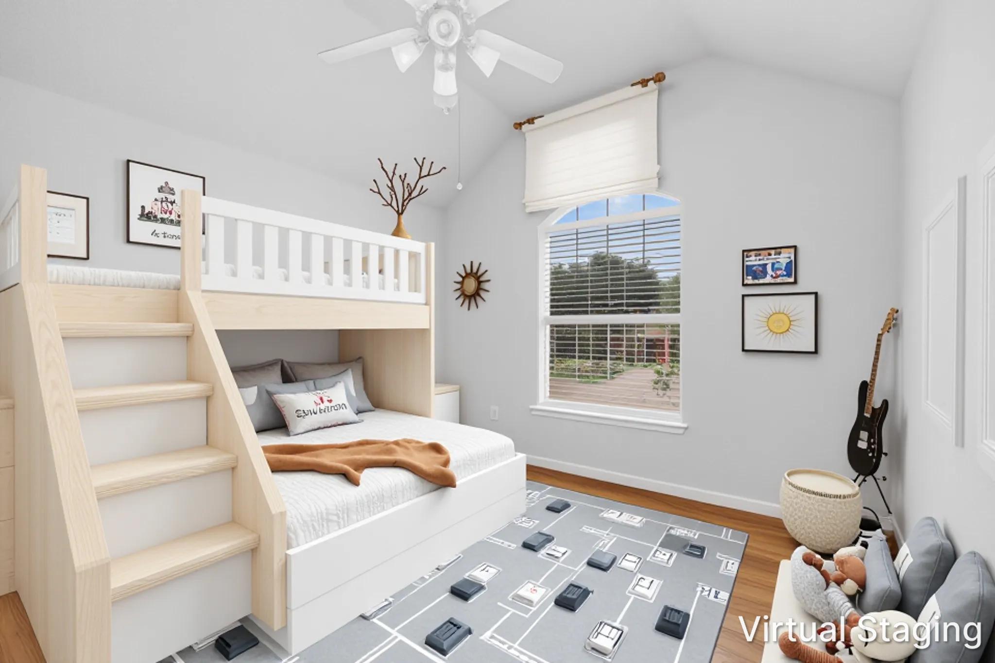 8617 Cobblestone Austin, TX 78735 - Photo 22 of 37 A well-lit secondary bedroom features vaulted ceilings and a large arched window with outdoor views.