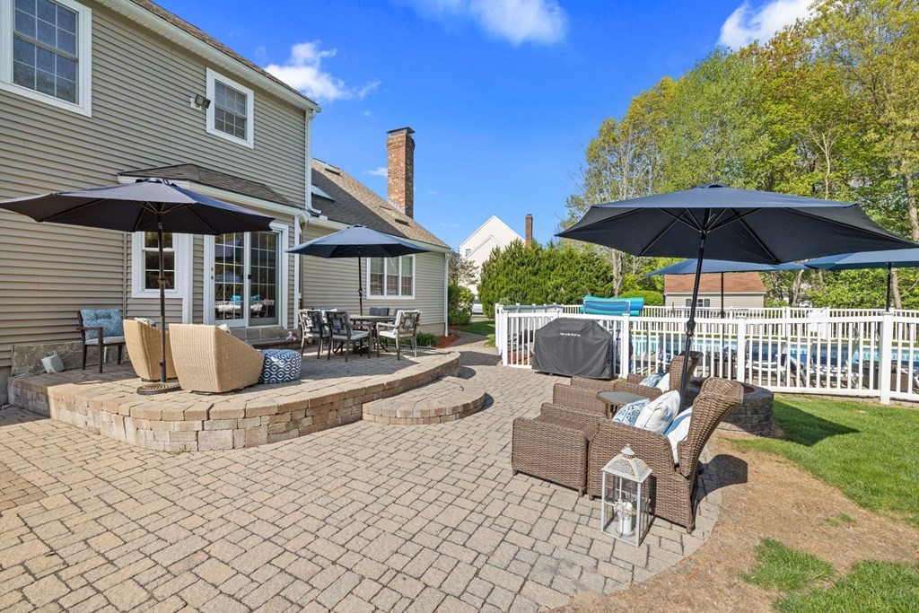 17 Amherst Road Shrewsbury, MA 01545 - Photo 35 of 42 a view of a patio with a dining table and chairs under an umbrella
