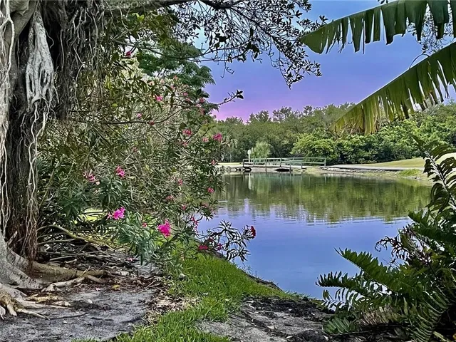 a view of a lake with a flower garden