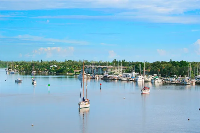 a view of a lake with boats and trees in the background