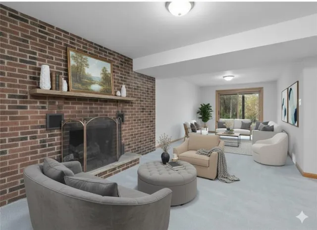 a view of an empty room with a fireplace