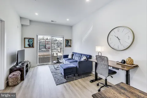 a living room with furniture a rug potted plant and a large window