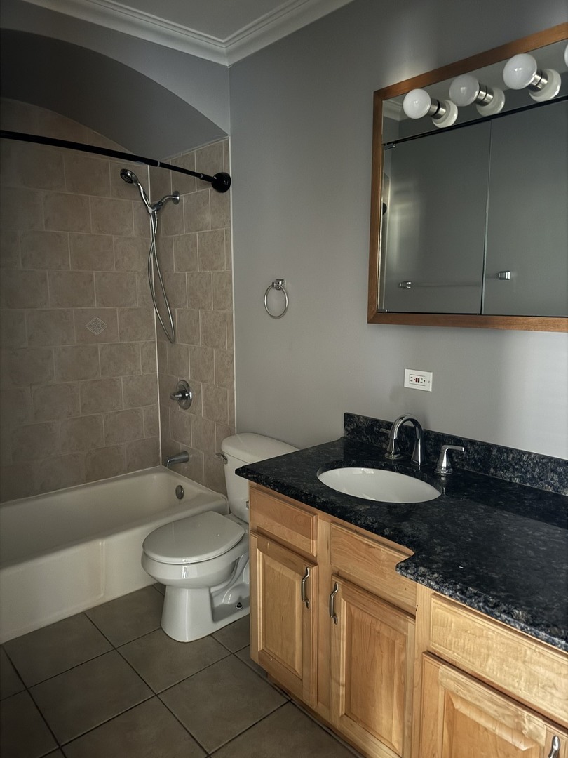 5041 North East River Road, Unit 3A Norridge, IL 60706 - Photo 11 of 12 a spacious bathroom with a granite countertop sink a toilet a mirror and bathtub
