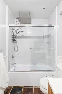 a bathroom with a shower and a toilet