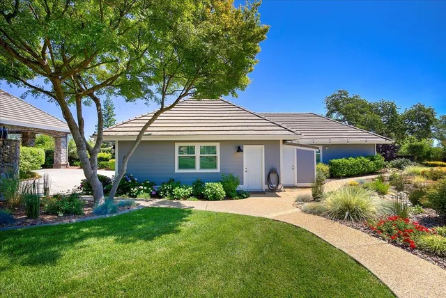an aerial view of a house with a yard and a large tree