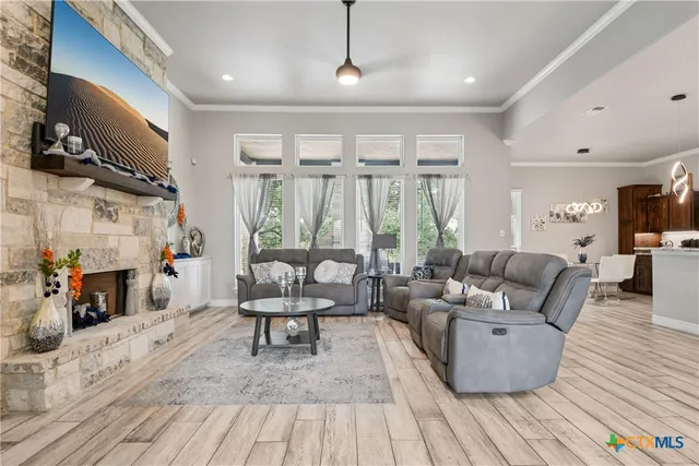 a living room with furniture and a fireplace