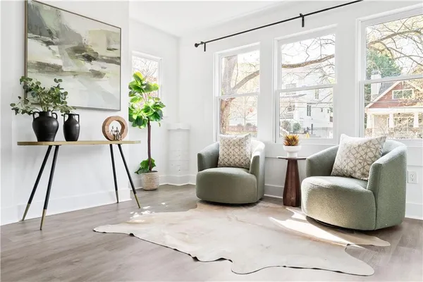 a living room with furniture and a potted plant