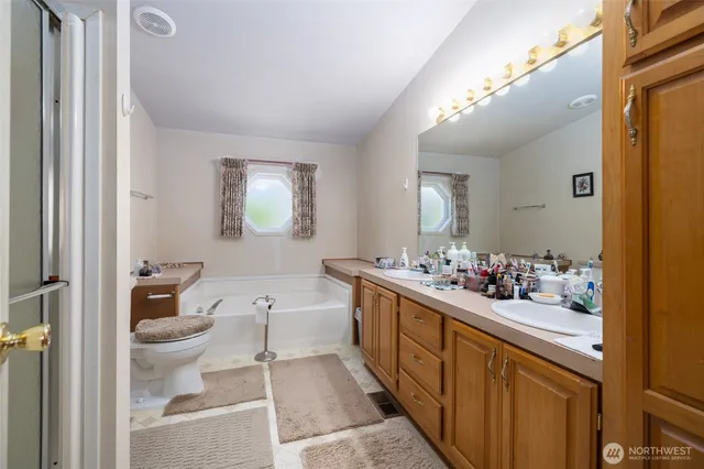 a bathroom with a sink vanity mirror and toilet