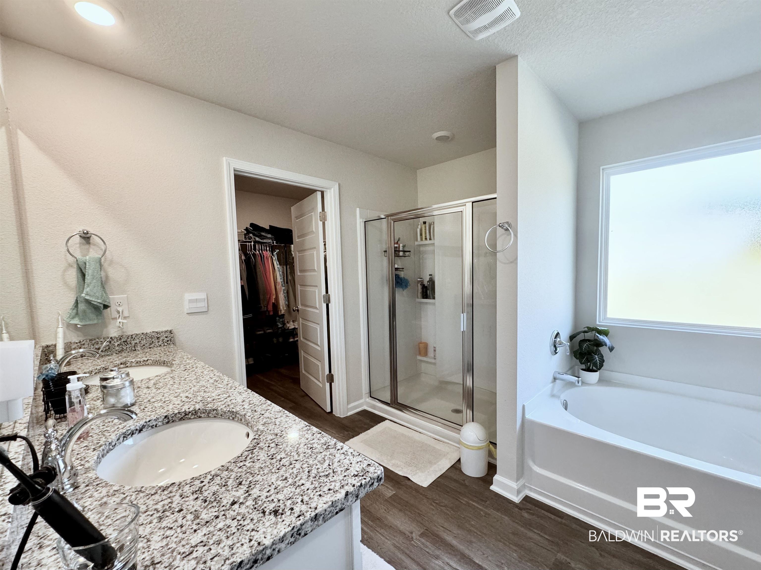 24216 Ringneck Loop Elberta, AL 36530 - Photo 13 of 23 Bathroom featuring a spacious closet, a stall shower, dark wood-type flooring, a bath, and double vanity