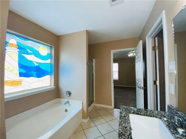 a bathroom with a tub a sink and a shower