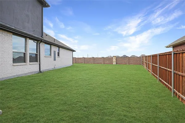 a view of a backyard with grass and a large tree