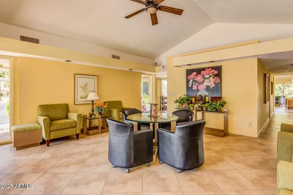 a view of a dining room with furniture