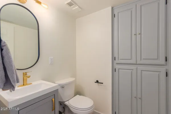 a bathroom with a sink a toilet and vanity
