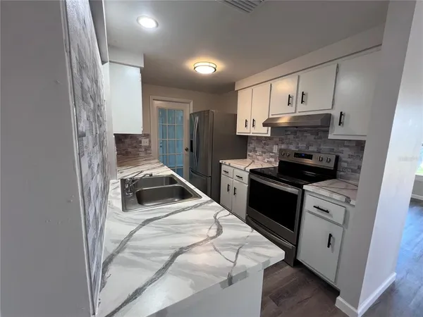 a kitchen with a sink a stove and refrigerator