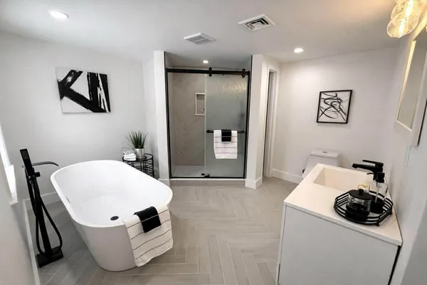 a living room with furniture and a table