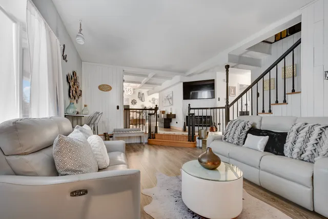 a living room with furniture and a potted plant