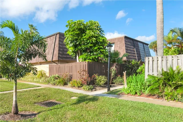 a view of a backyard with plants and large trees